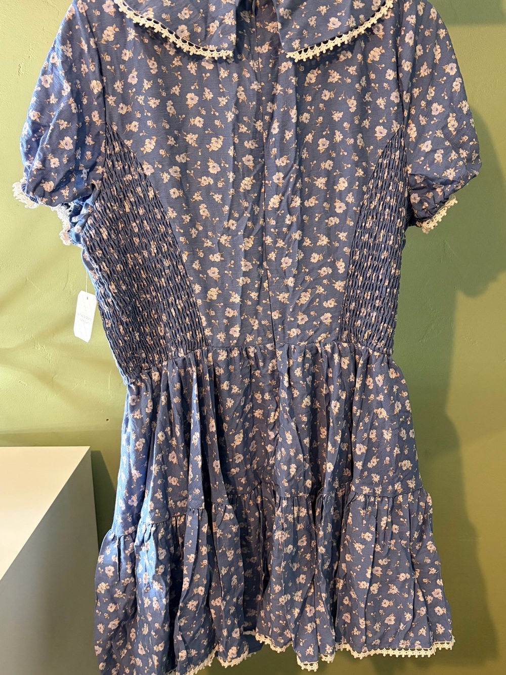 Altar'd State Blue Floral Tiered Dress with White Lace Trim - Picture 2 of 4